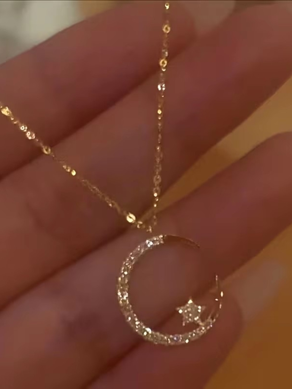 Gold Crescent Moon and Star Pendant Necklace - Women Jewelry
